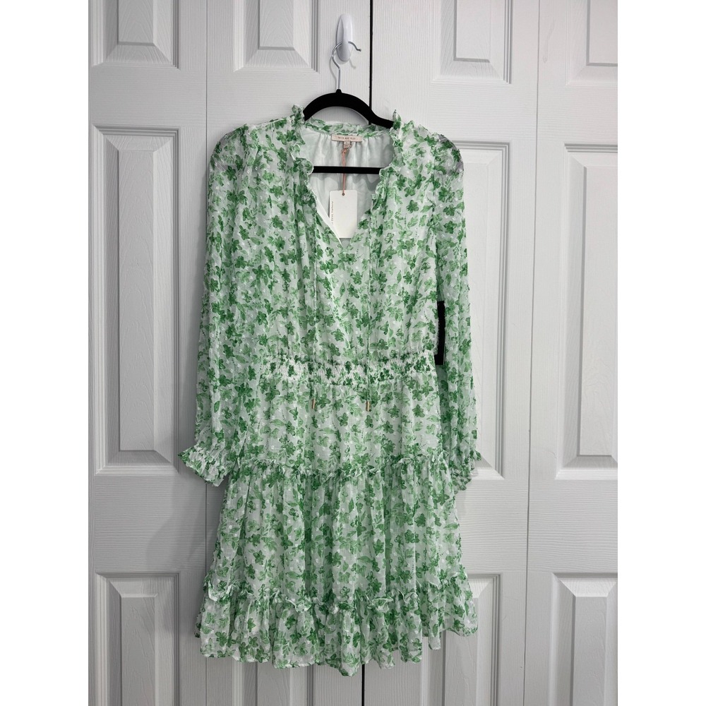 NWT Skies Are Blue Chiffon Dress Women's Small Green Floral V-Neck Long Sleeve